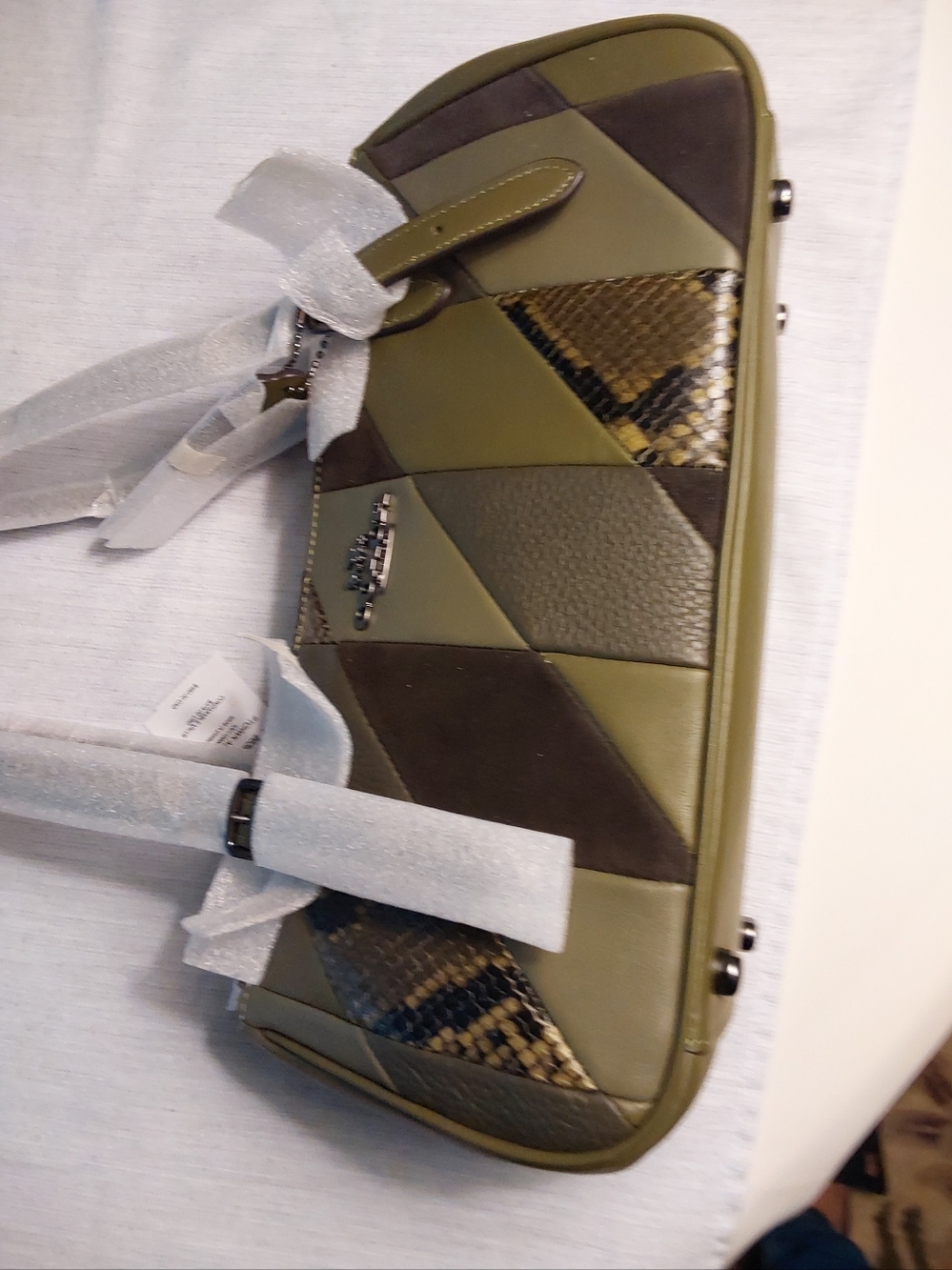 Coach Olive & Brown Patchwork Leather Shoulder Bag with Snakeskin Accents